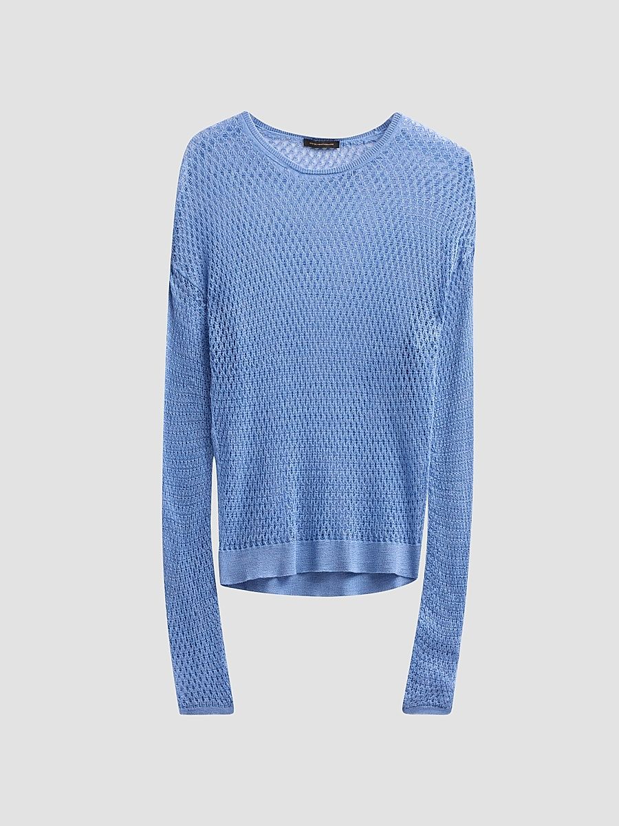 Women's Silk Crochet Long-Sleeve Top - Bleu Barbeau - Size Large