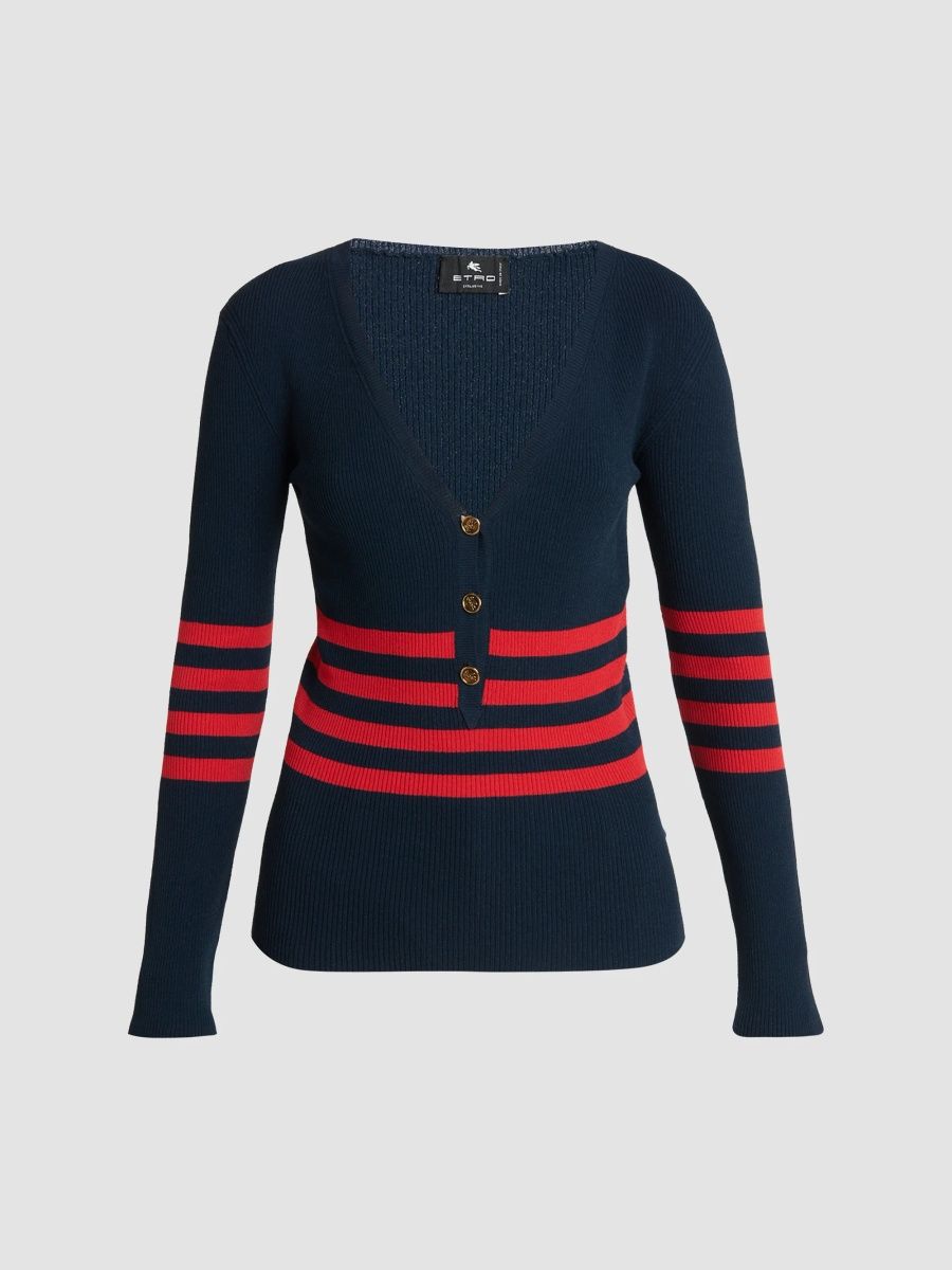 Etro Women's Striped Jacquard V-Neck Cardigan - Marine - Size 14