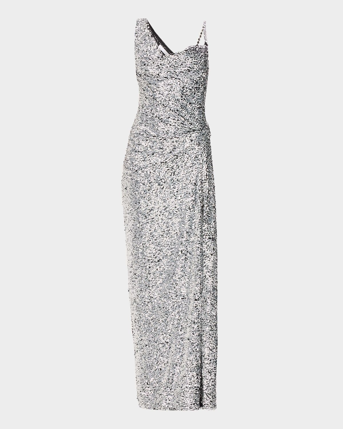 Asymmetric Crystal-Strap Full Sequin Gown