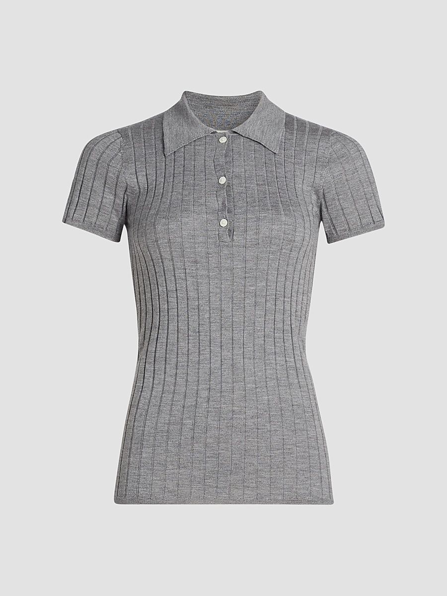 Women's Ribbed Cashmere Silk Polo Shirt - Grey Melange - Size XL