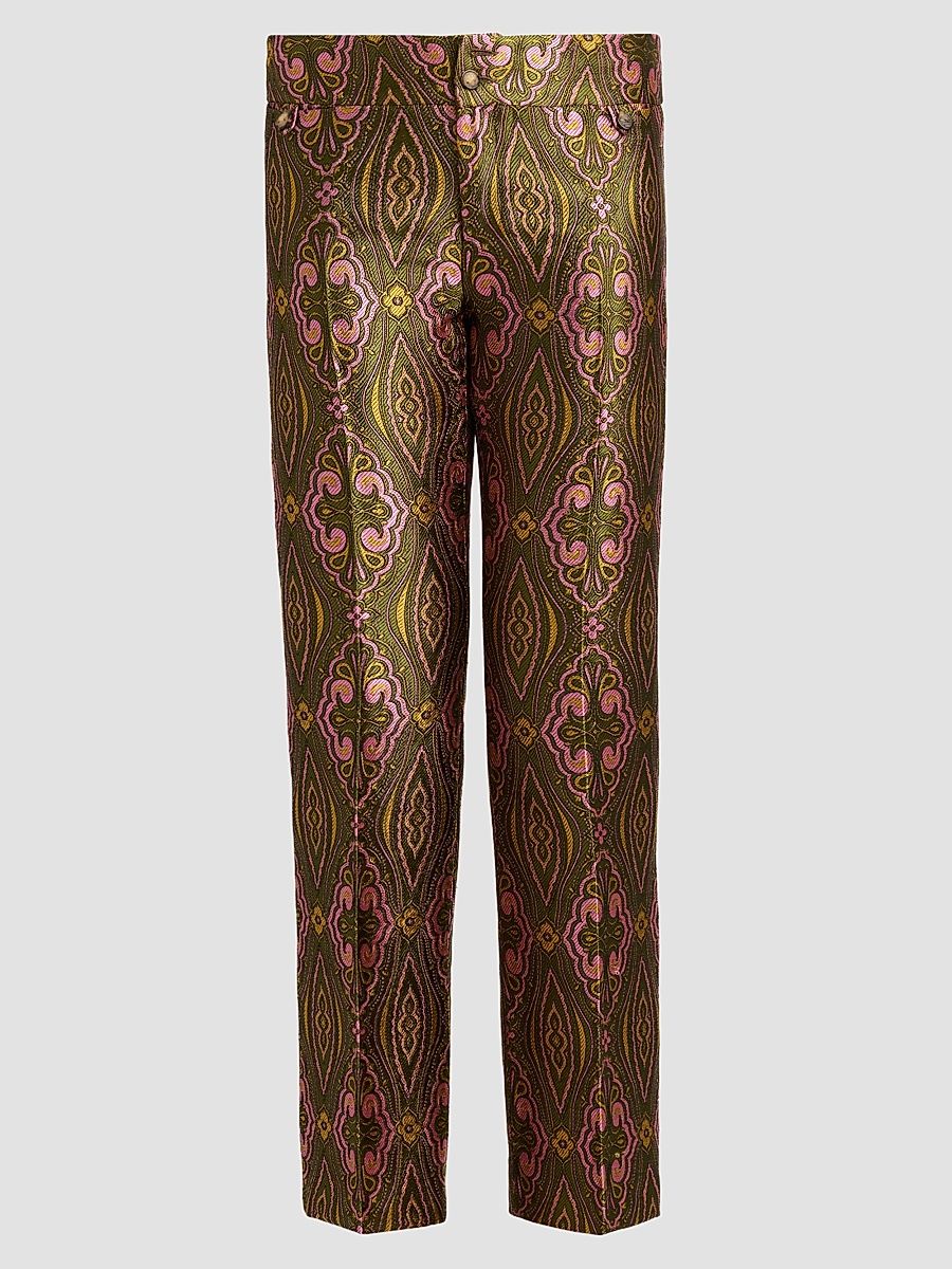 Women's Jacquard Straight-Leg Trousers - Multicolor Green Base - Size 12