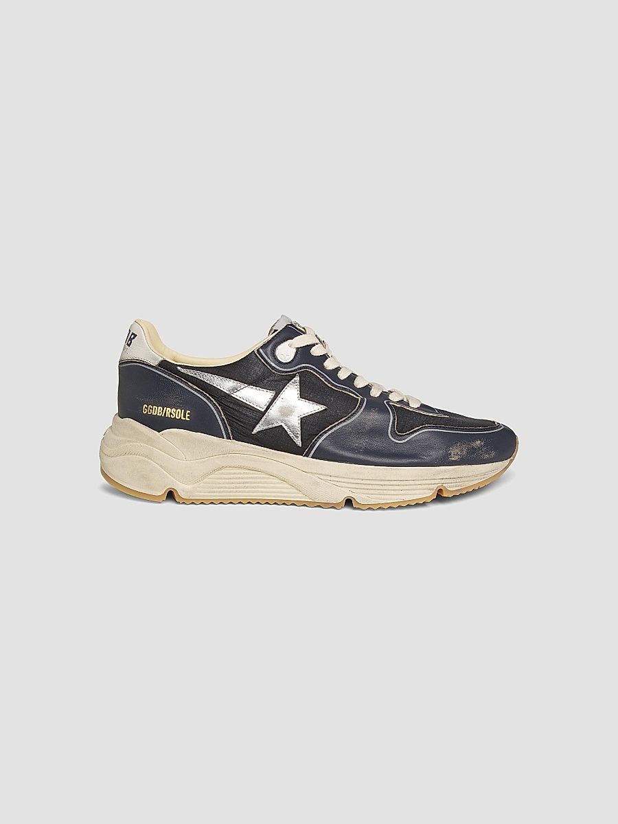 Men's Running Sole Leather-Trimmed Sneakers - Dark Blue Black Silver - Size 12