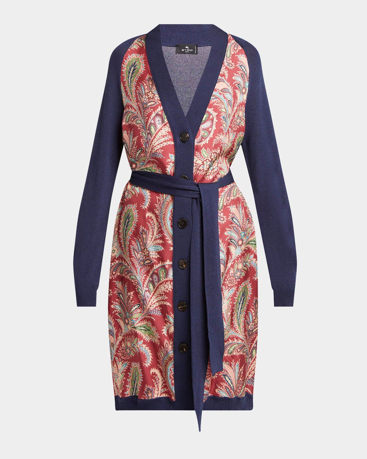 Floral Foulard-Panel Belted Long Cardigan