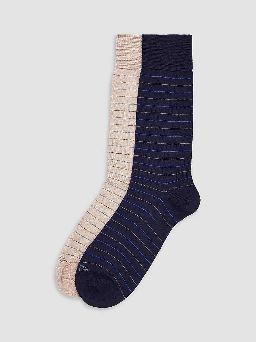 Men's 2-Pack City Stripe Pima Cotton Mid-Calf Socks - Navy Beige