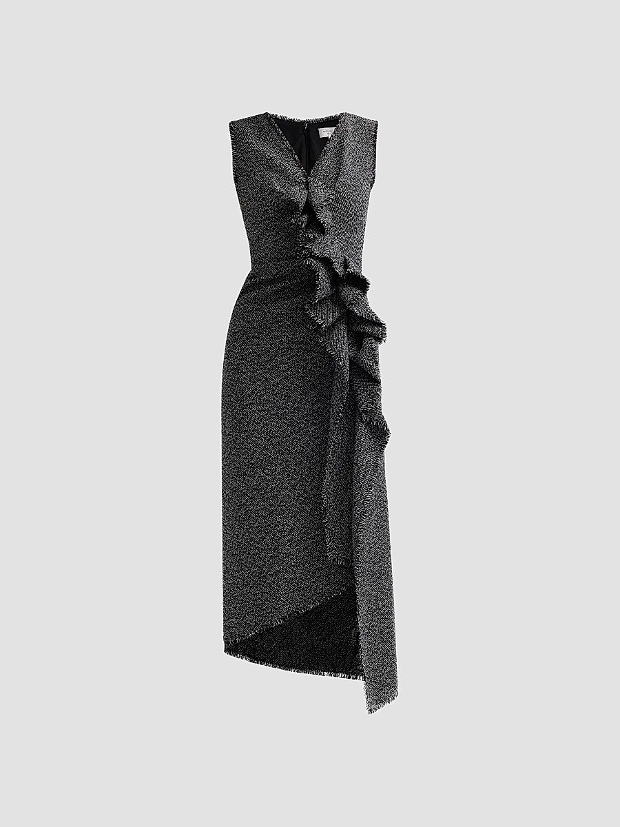 Women's Frayed Ruffle Tweed Sheath Midi Dress - Black Ivory - Size 4