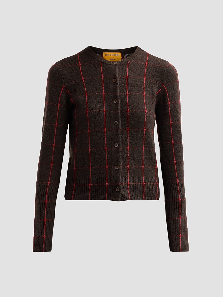 Women's Jane Windowpane Cashmere Crewneck Cardigan - Burnt Cocoa Carmine - Size Medium