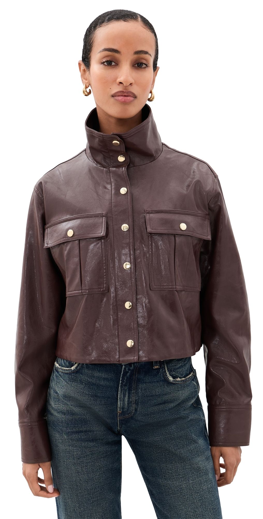 ALICE + OLIVIA James Faux Leather Cropped Jacket Dark Chocolate XS