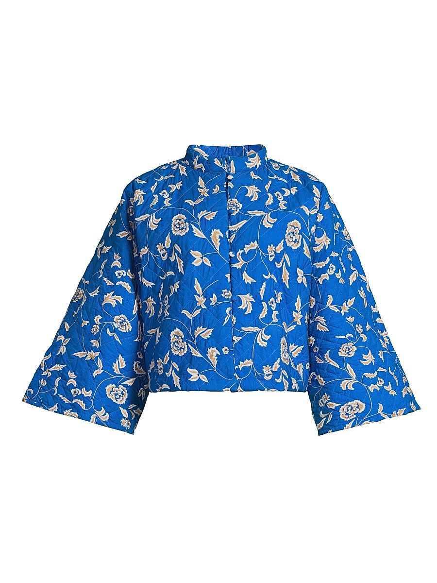 Women's Embroidered Quilted Cotton Crop Jacket - Blue