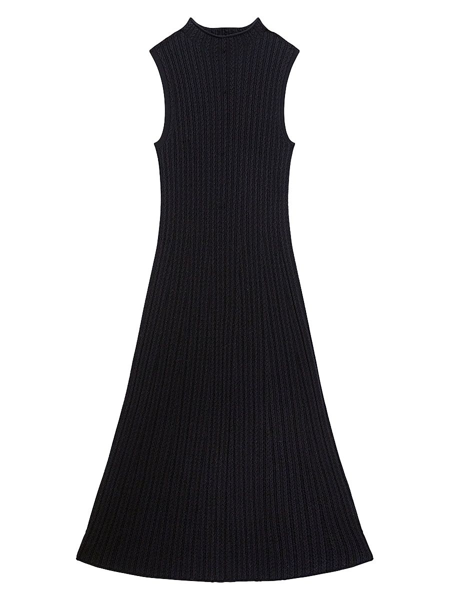 Women's Cable-Knit Wool-Blend Fit & Flare Midi-Dress - Black - Size Medium