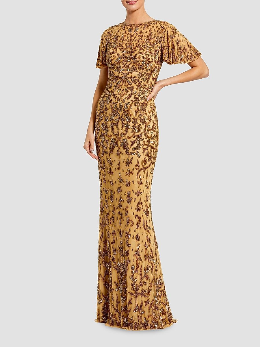 Women's Embellished Flutter-Sleeve Column Gown - Biege Gold - Size 16