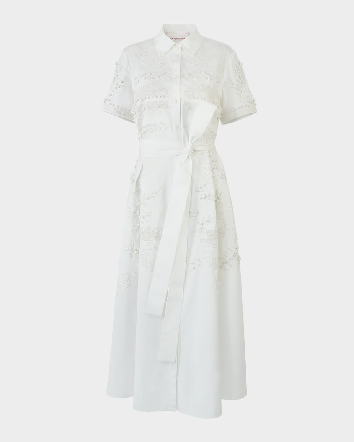 Grecian Embroidered Short-Sleeve Midi Shirtdress With Belt