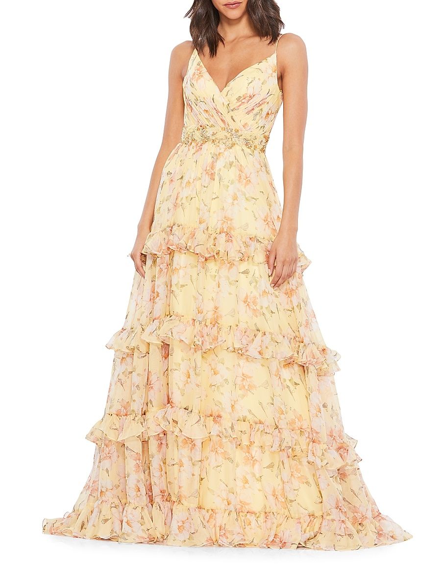 Women's Floral Tiered Ruffle Gown - Lemon - Size 4