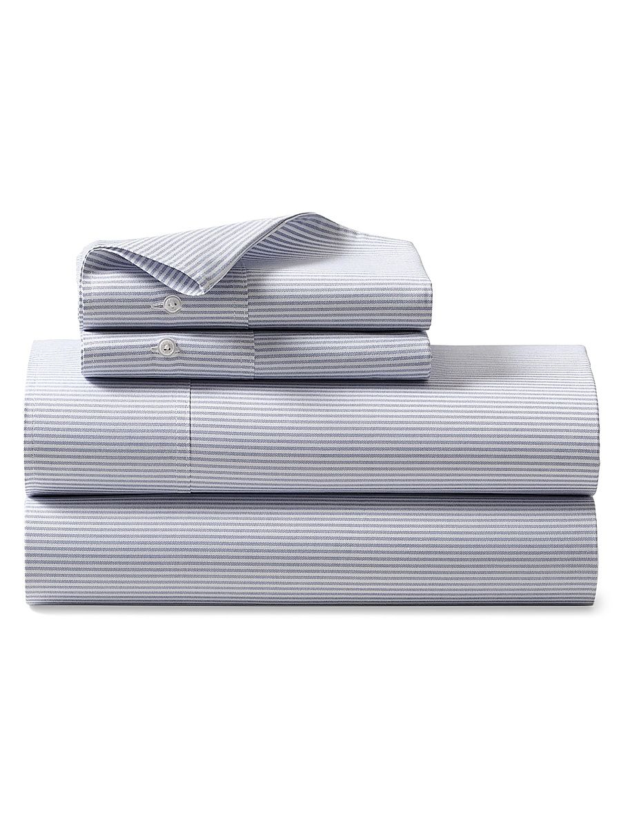 Organic Oxford Stripe Bedding Fitted Sheet - Blue - Size King
