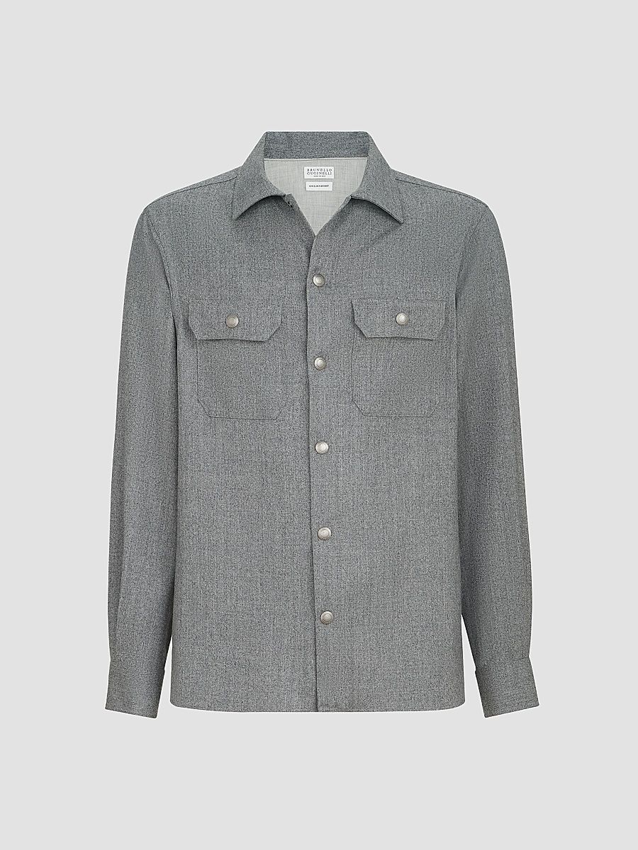 Men's Virgin Wool Flannel Overshirt with Spread Collar - Grey - Size Medium