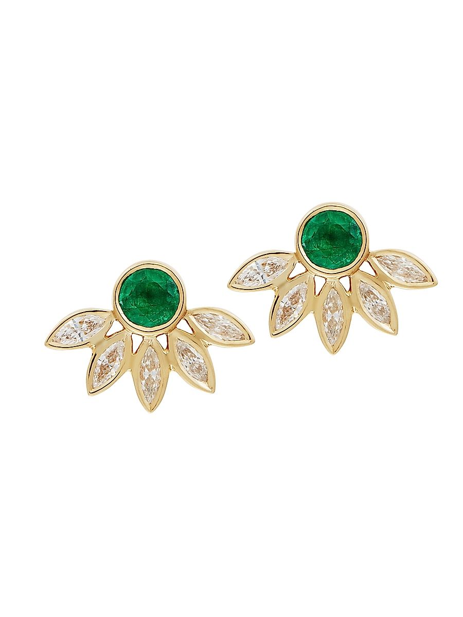 Women's Grass 18K Yellow Gold, Brown Diamond & Emerald Sunflower Stud Earrings - Yellow Gold