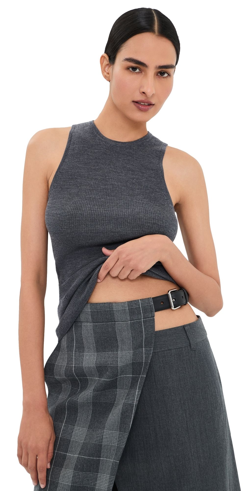 Tibi Feather Weight Ribbed Cut Out Tank Charcoal Grey S