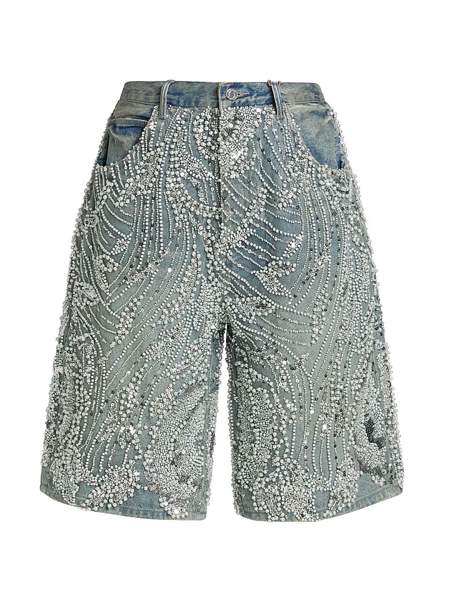 Men's Embellished Wide-Leg Denim Shorts - Light Indigo - Size 40