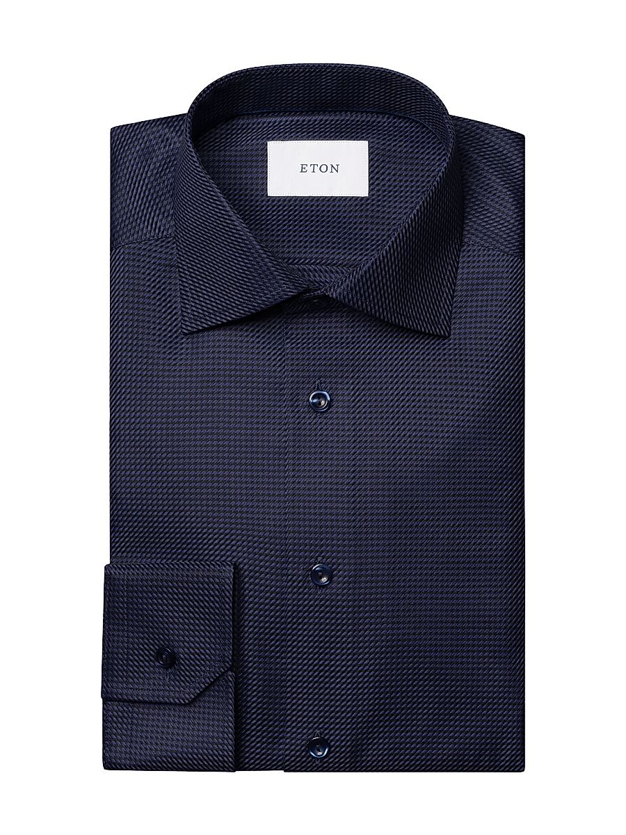 Men's Slim-Fit Check Cotton Twill Shirt - Navy - Size 17.5