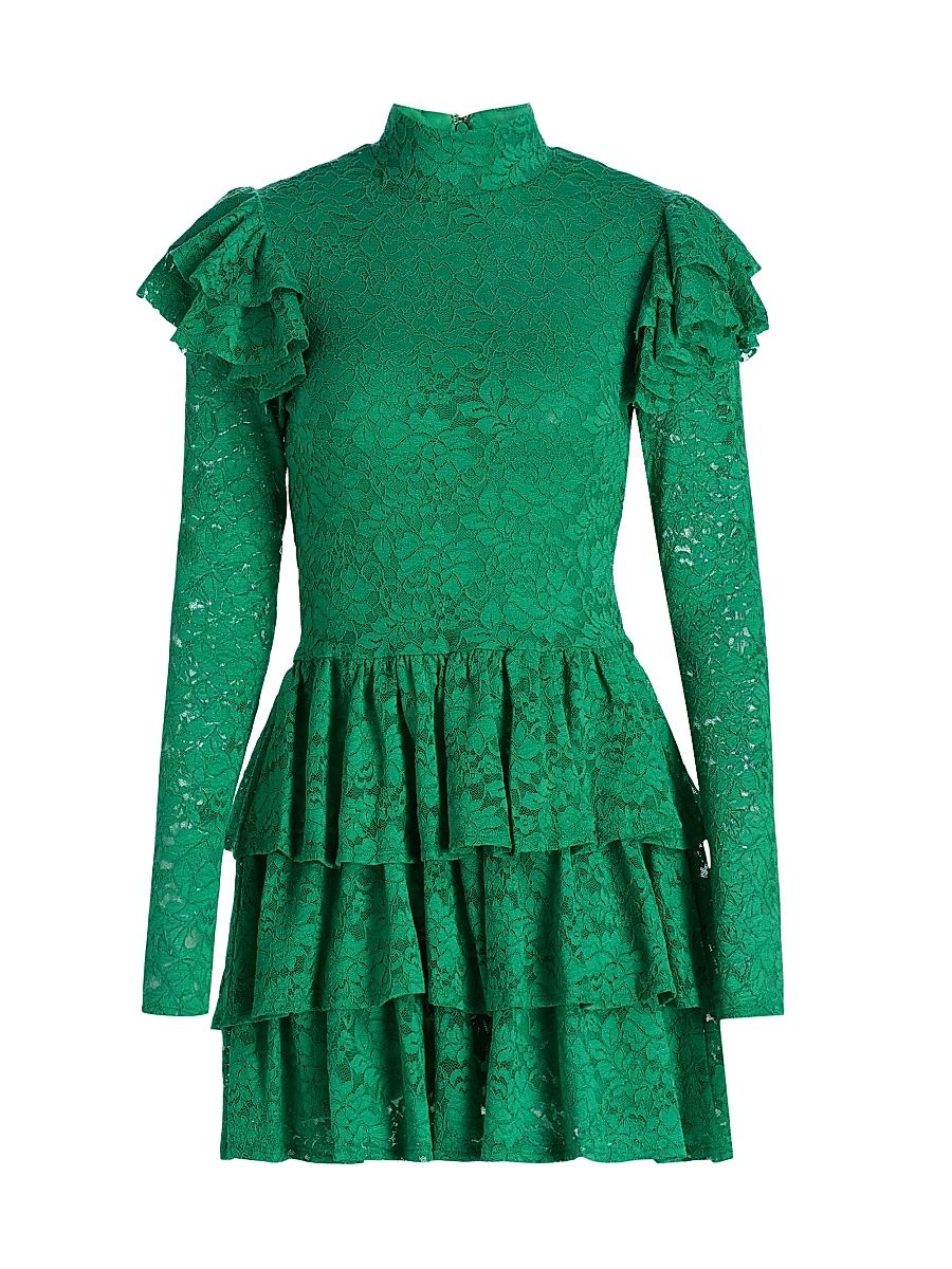 Women's Emily Ruffled Lace Long-Sleeve Minidress - Emerald - Size XL