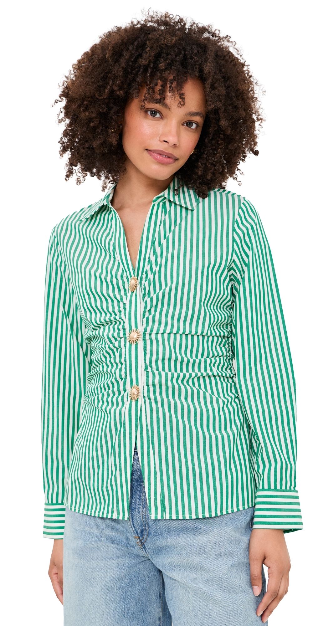 RAILS Carayln Button Down Top Emerald Stripe S