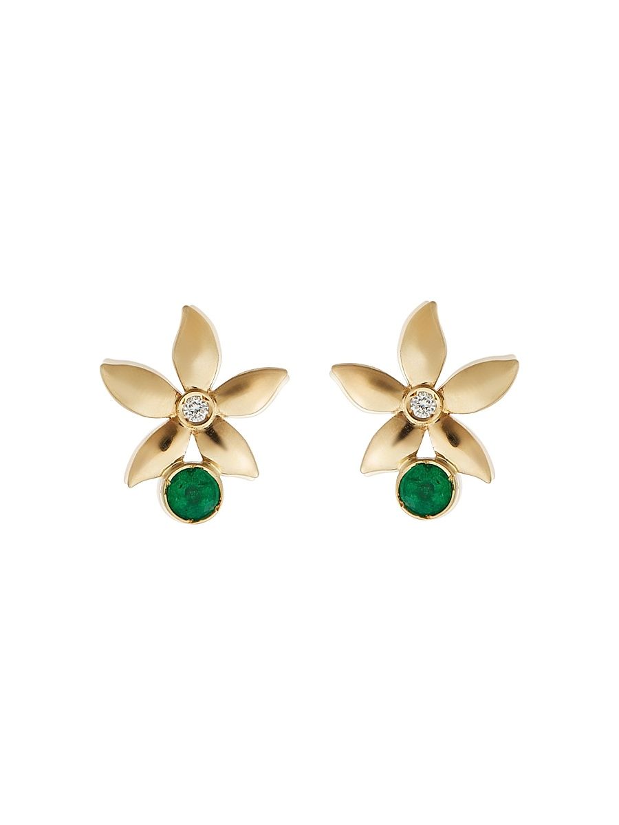 Women's Blossom 18K Yellow Gold, 0.28 TCW Emerald & 0.04 TCW Diamond Flower Stud Earrings - Yellow Gold