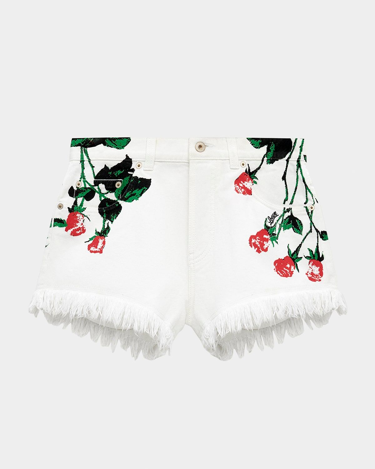 Flower-Print Fringed Peekaboo Denim Shorts