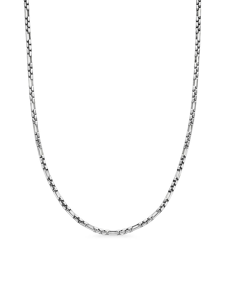 Men's Open Station Box Chain Necklace in Sterling Silver, 3MM - Sterling Silver - Size 24