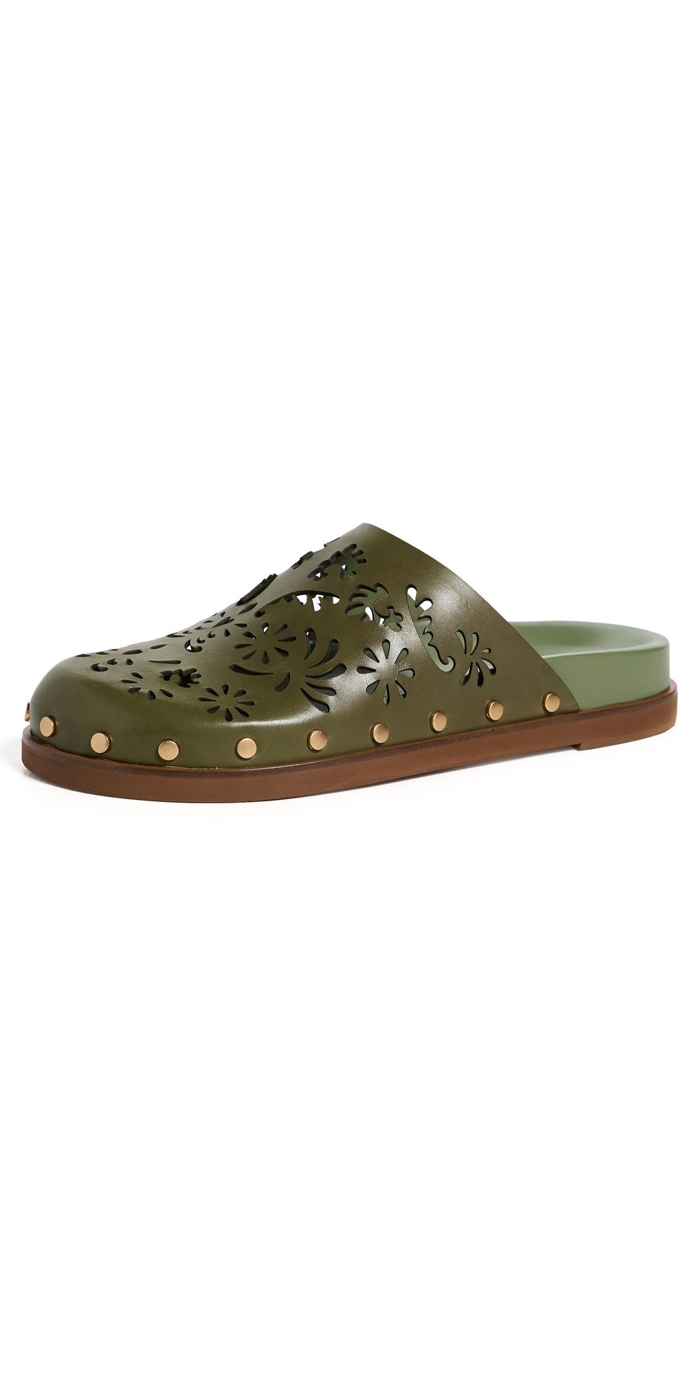 FARM Rio Lace Leather Anatomic Mules Seaweed Green 9.5