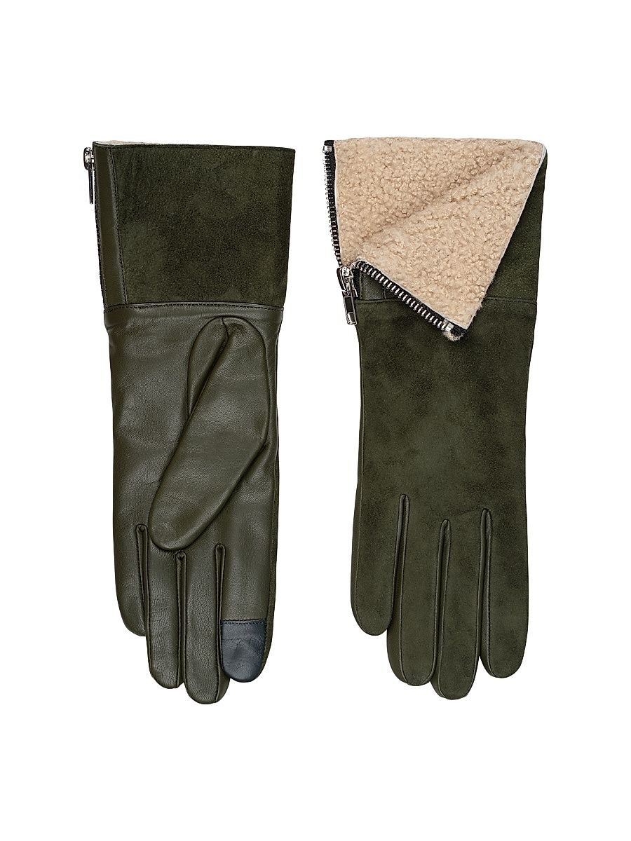 Women's Touch Tech Shearling-Lined Leather Gloves - Olive - Size Large
