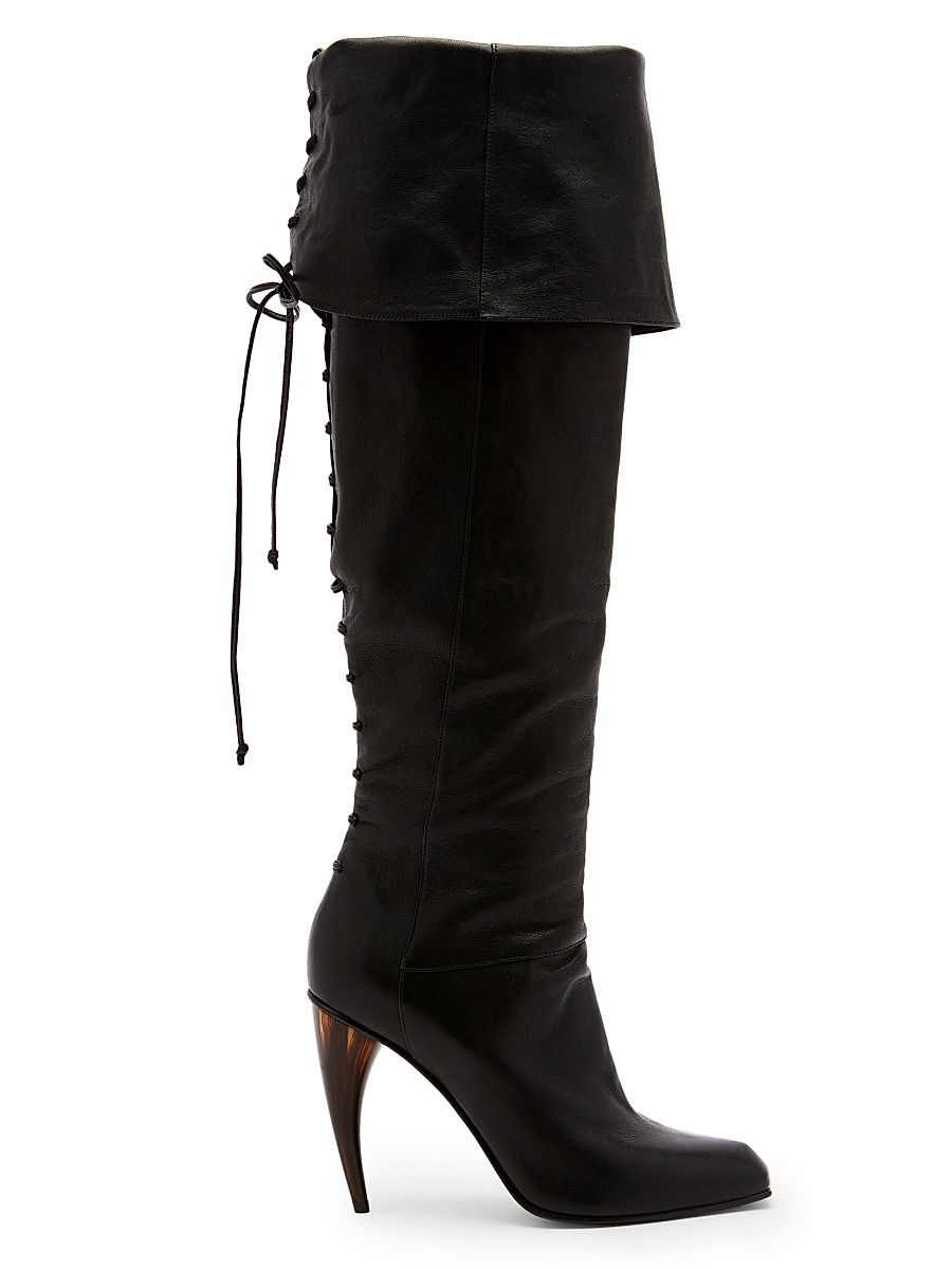 Women's Horn 105MM Leather Foldover Lace-Back Boots - Black - Size 9