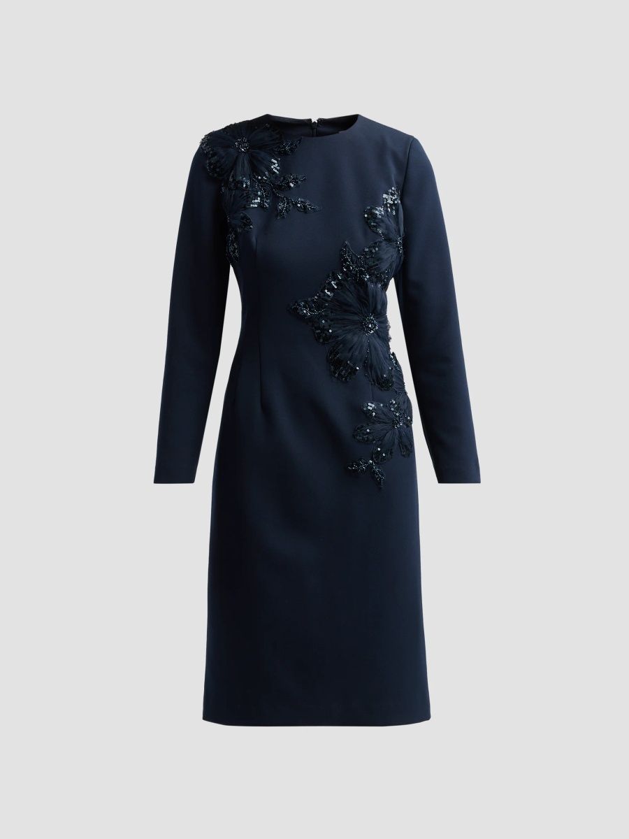 Teri Jon by Rickie Freeman Women's Crepe Sequined Appliqué Sheath Dress - Midnight - Size 16