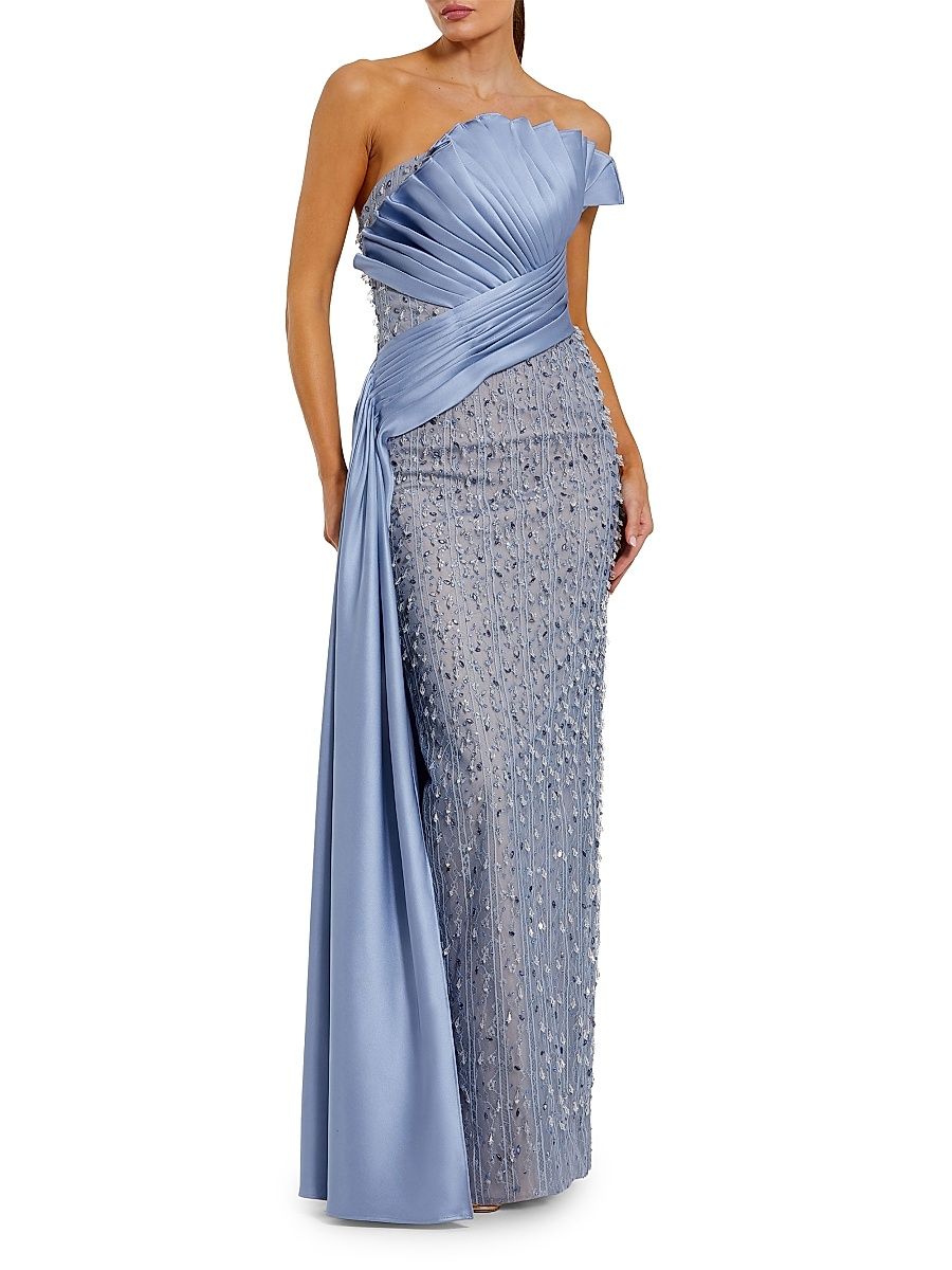 Women's Embellished Pleated Strapless Gown - Fusion Blue - Size 10