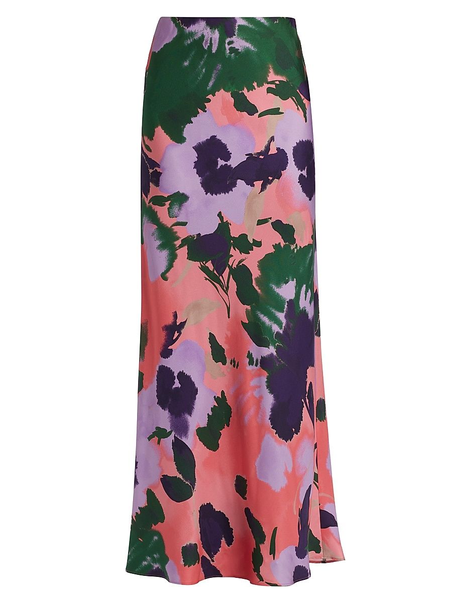 Women's Julita Floral Silk Pull-On Maxi Skirt - Green Pink Multi - Size Large