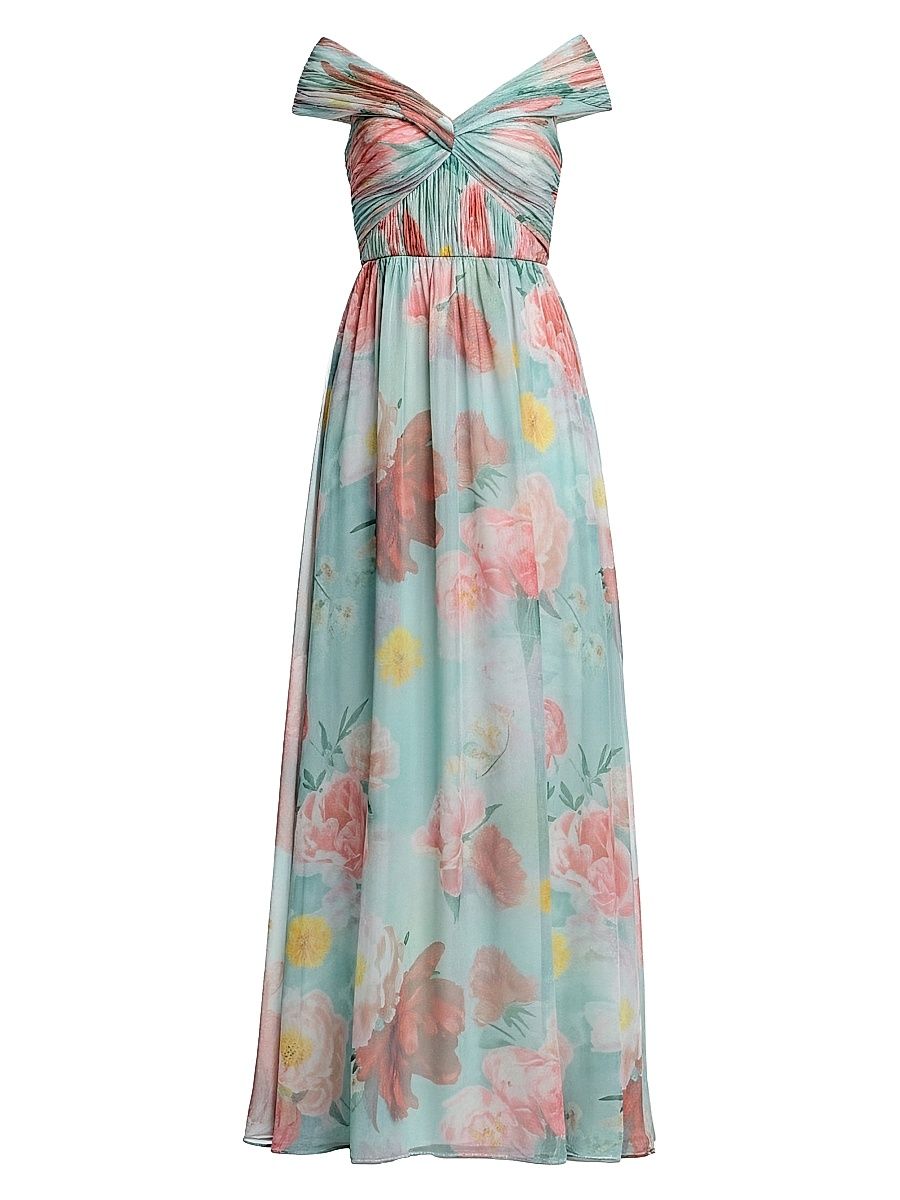 Women's Xyla Floral Chiffon A-Line Gown - Mint Multi - Size XXL