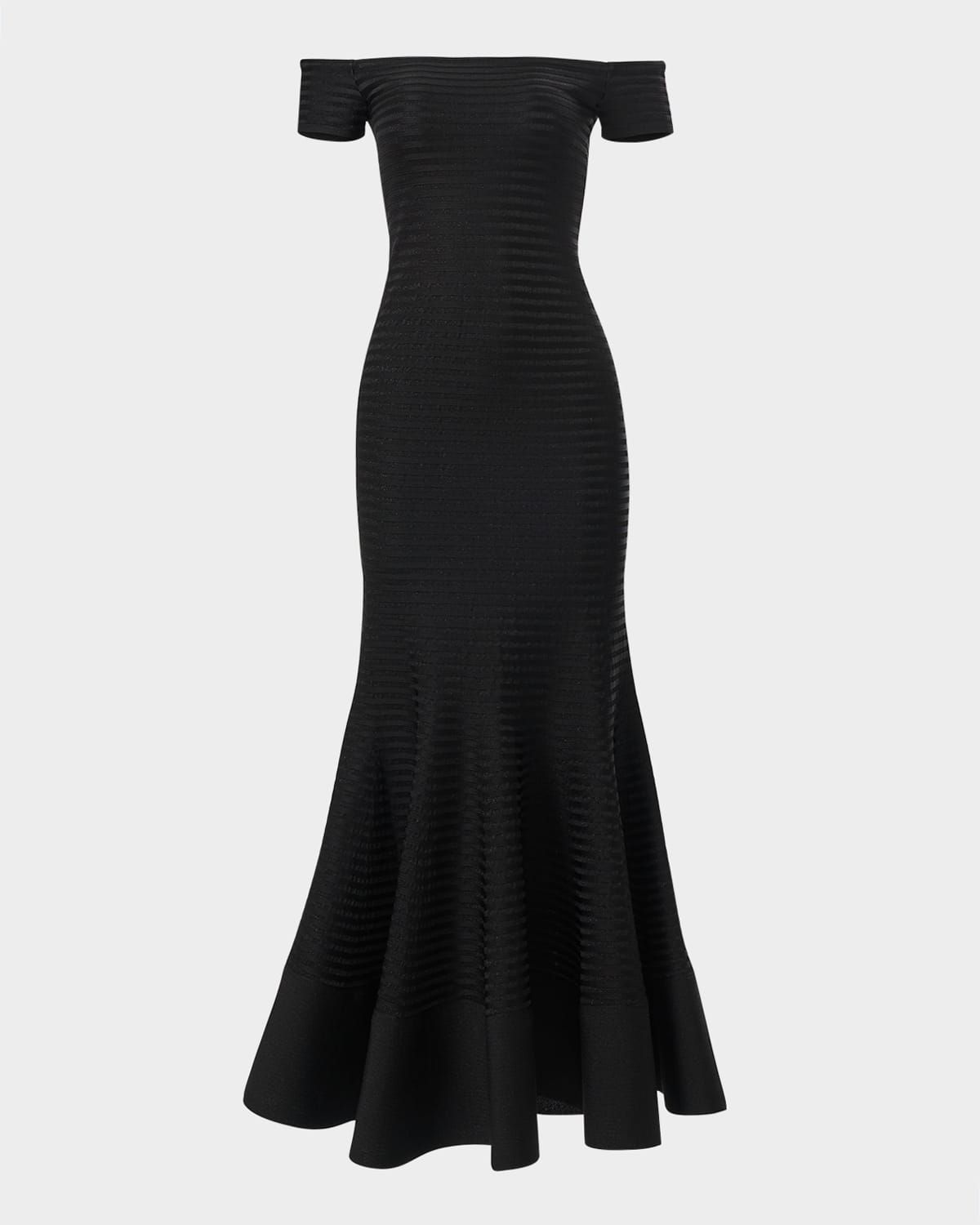 Metallic Striped Off-The-Shoulder Trumpet Gown