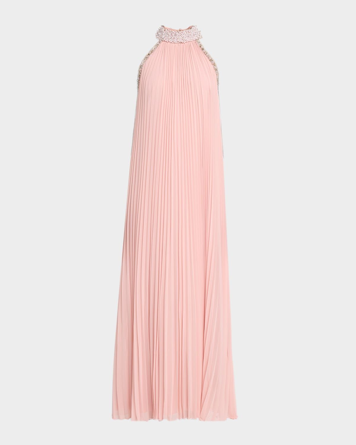 Monroe Bead-Trim Pleated Halter Gown