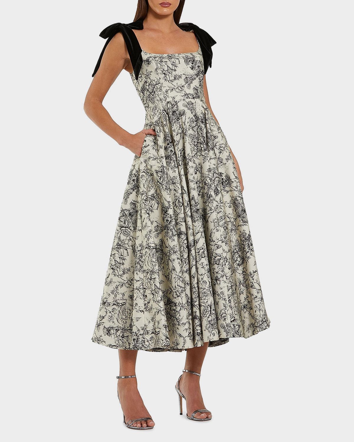 Brocade A-Line Midi Dress with Bow Straps