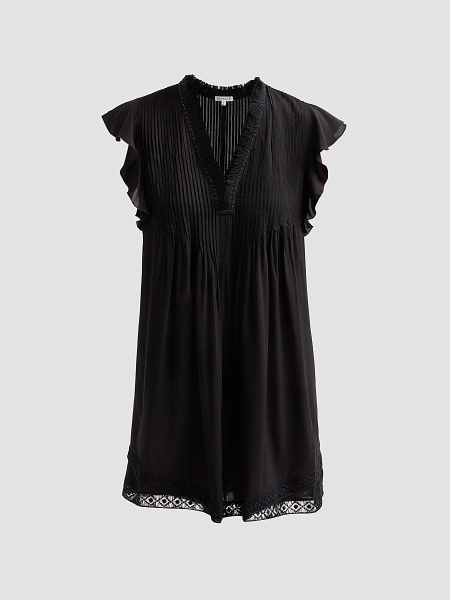 Women's Sasha Ruffled Pleated Minidress - Black Plain - Size XS