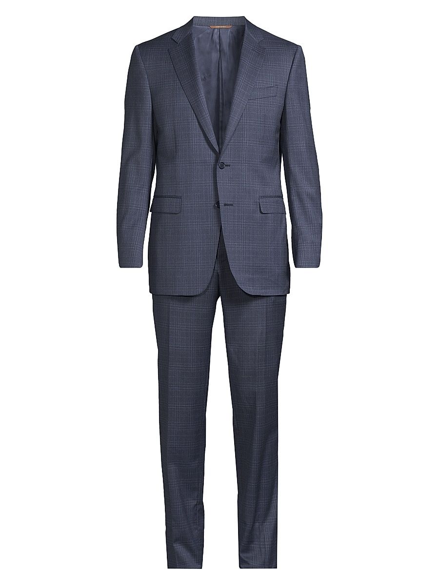Men's Plaid Wool Modern-Fit Suit - Blue - Size 40