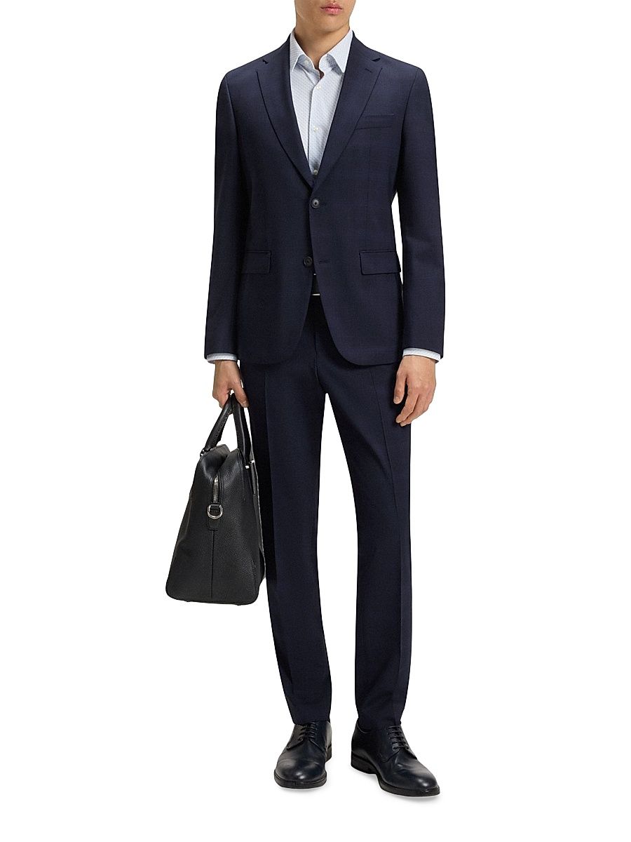 Men's Checked slim-fit suit in stretch wool - Dark Blue - Size 46 R