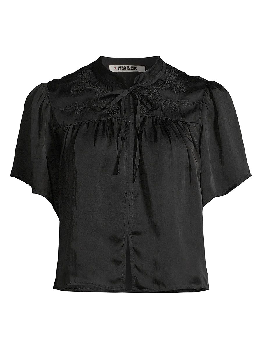 Women's Astrid Satin Embroidered Crop Top - Black - Size Medium