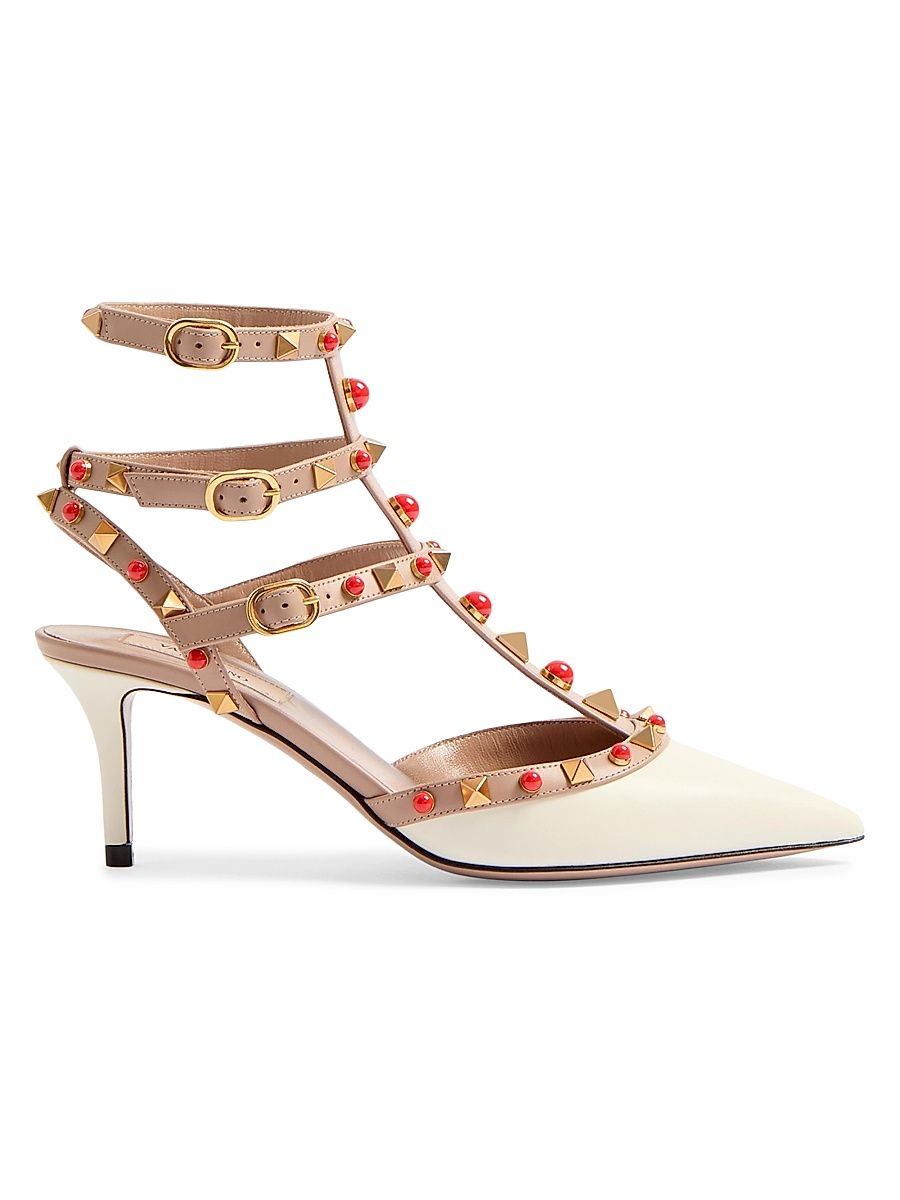 Women's Rockstud Calfskin Pumps with Cabochon Stones 65MM - Ivory Rose Cannelle Coral - Size 6.5