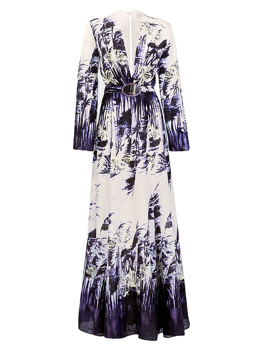 Women's Kady Palm-Printed Linen Maxi Dress - Dark Dandelion - Size Medium