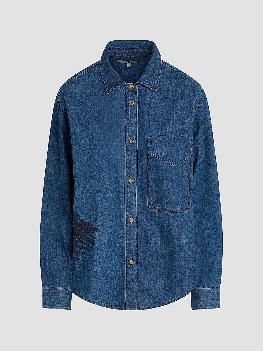 Women's Embroidered Palm Oversized Button-Front Denim Shirt - La Palm - Size Large