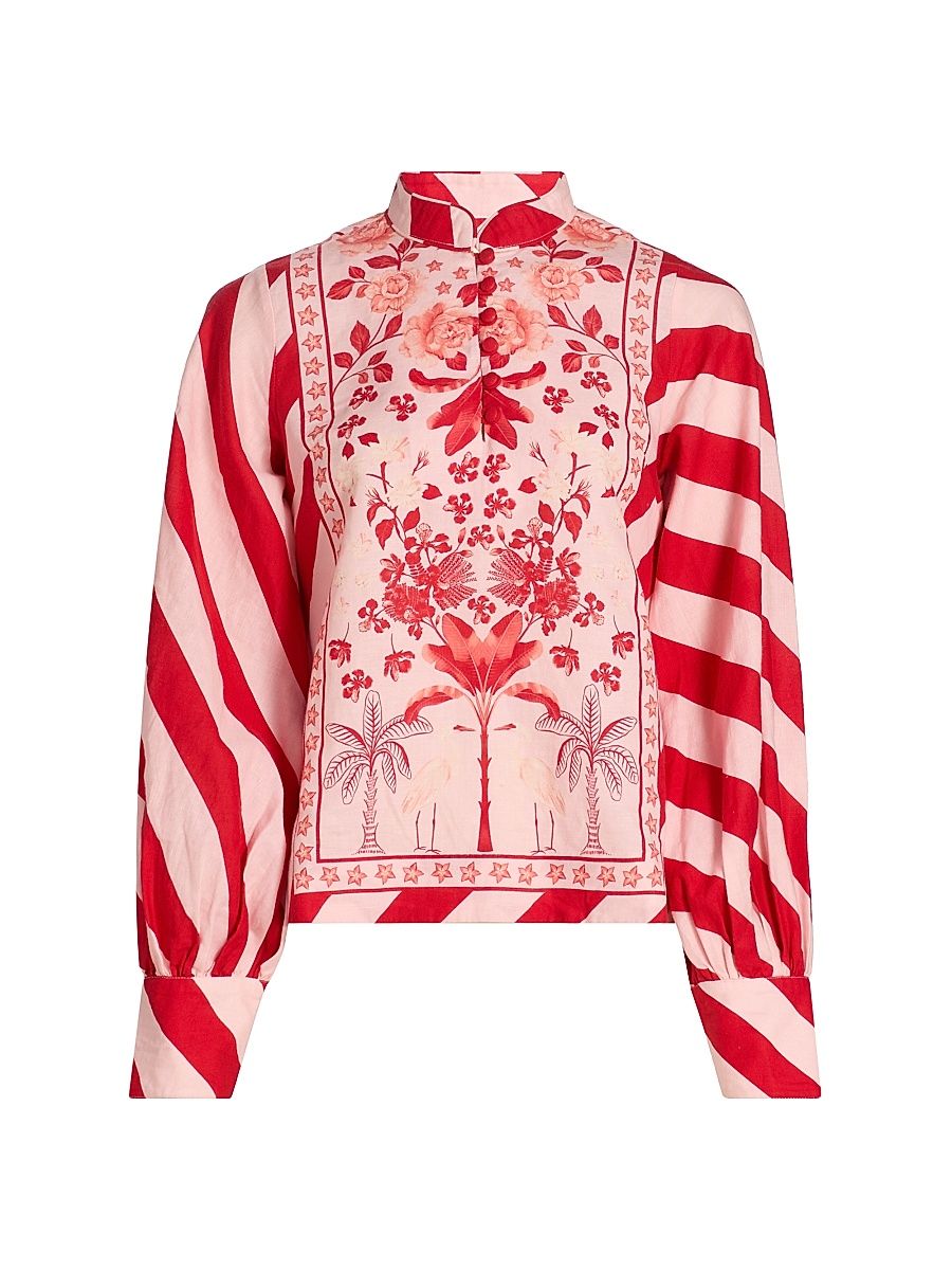 Women's Pushpanjali Printed Linen-Cotton Tunic Blouse - Blush And Red Palm Mono Panel - Size Large