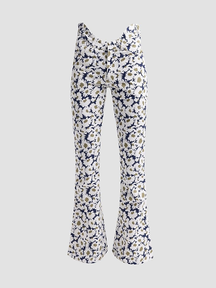 Jean Paul Gaultier Women's Flower Print Curved-Waist Flared Jeans - Navy White - Size 28
