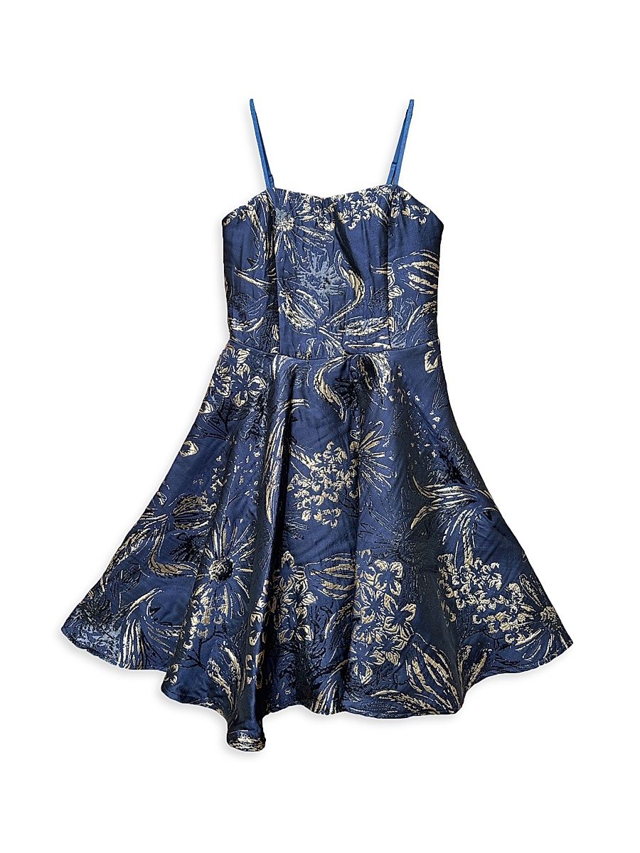 Girl's Floral Jacquard Dress - Navy - Size 16