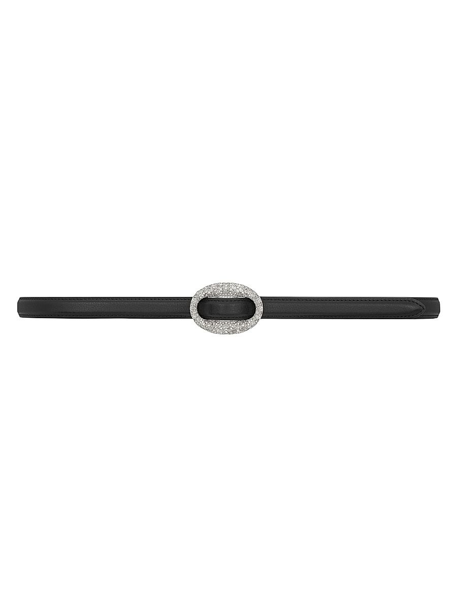 Saint Laurent Women's Oval Crystal Buckle Thin Belt in Smooth Leather - Black Cristal - Size 26