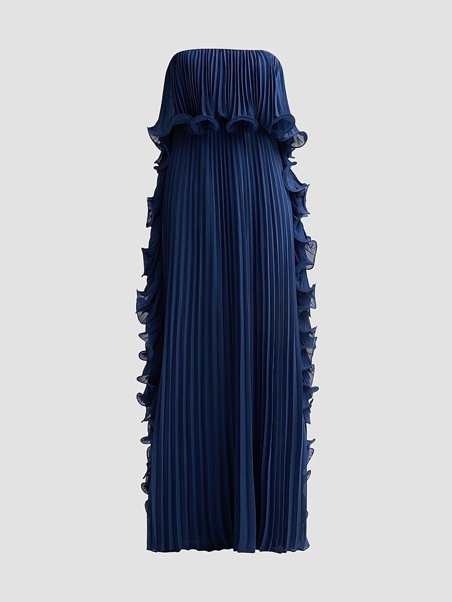 Women's Ruffle Pleated Chiffon Strapless Gown - Slate Blue - Size 16
