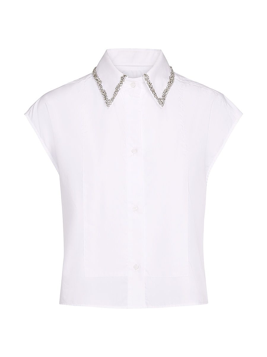 Women's Beaded Collar Cotton Cap-Sleeve Shirt - White - Size Large